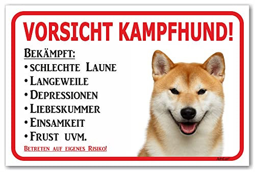 AdriLeo Schild - Vorsicht Shiba Inu - Kampfhund - (15x20cm) / Achtung Familienhund Wachhund japanischer Hund robust langlebig UV-beständig wetterfestes Warnschild