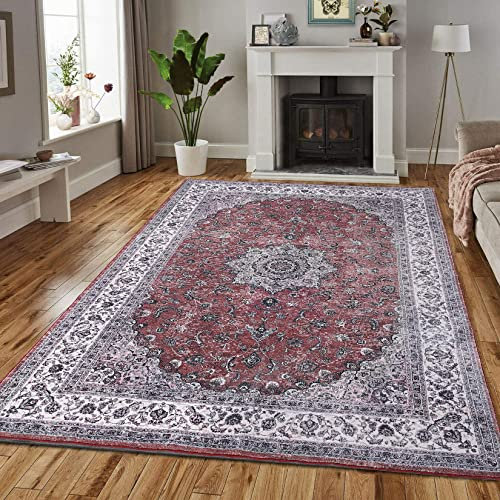 CAROMIO Teppich Wohnzimmer, Dauerhaft Waschbarer Vintage Heimdeko, Wasserdicht & Schmutzabweisender Rutschfester Teppich für Wohnzimmer, Schlafzimmer, Esszimmer, 120 x 170 cm, Rot