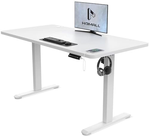 Homall Electric Standing Desk 120x60cm Height Adjustable Desk Sit Stand Desk with Time Reminder Stand up Desk 3 Memory Setting Electric Desk Wire Management Tray,White
