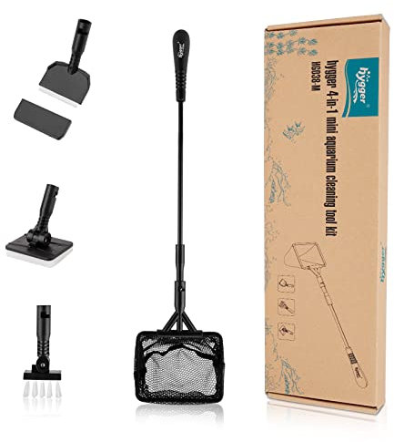 hygger 4 in 1 Aquarium Cleaning Tool Kit,Mini Fish Tank Cleaning Tools,Fish Tank Cleaner with Handle, Scraper, Fishing Net, Sponge Brush,Wall Brush, for Fish Tank Maintenance(M)