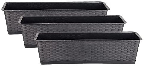 BigDean 3er Set Blumenkasten mit Untersetzer 60 cm lang Rattan-Optik anthrazit - aus PP-Kunststoff - Balkon Pflanzkasten schmal Balkonkasten