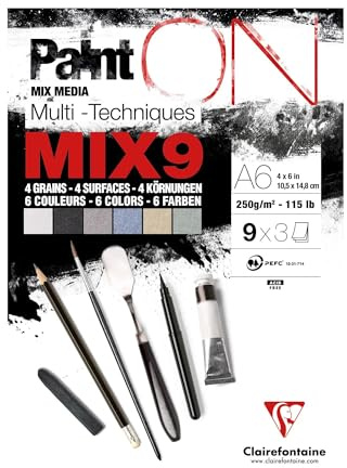 Clairefontaine 960067C - Block PaintON mit 27 Bögen, 250g, 4 Körnungen und 6 Farben sortiert, 9 x 3 Bögen, DIN A6, 1 Block DIN A6, 1 Block