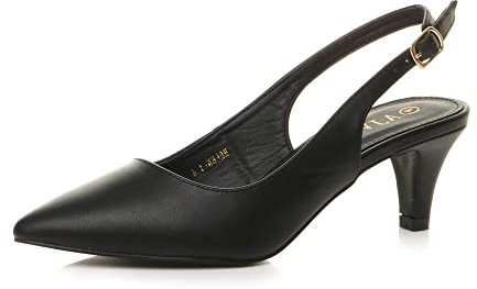 AJVANI Womens Ladies Low mid Heel 50s Slingback Buckle Pointed Court Shoes Size