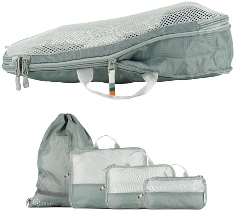 TRAVEL DUDE Packwürfel Set mit Kompression aus recycelten Plastikflaschen | Leichte Packing Cubes | Packtaschen Set für Rucksack & Koffer (Stahlblau, 4-teiliges Set)