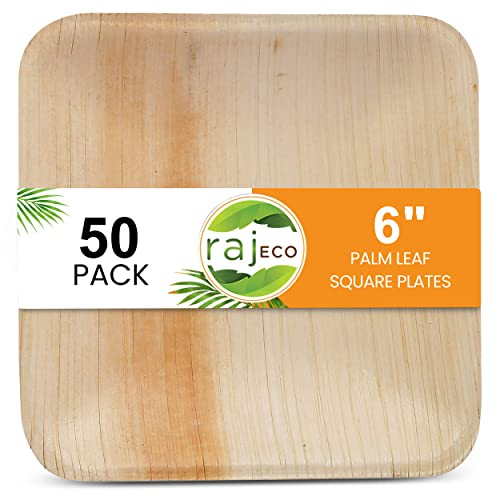 Raj Eco Compostable Palm Leaf Plates Disposable - 6 Inch Square 50 Party Plate, Natural Wooden, Eco-Friendly, Fancy Biodegradable & Disposable Dessert Appetizer Plate
