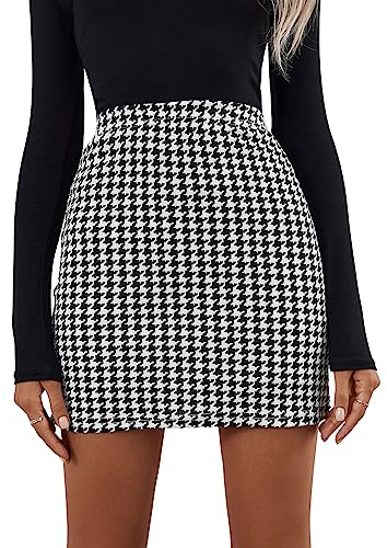 GORGLITTER Damen Mini Rock Hohe Taille Bleistiftrock Kurz Vintage Karierter Freizeitrock Figurbotent Businessrock Partyrock Herbst Outfit Schwarz und Weiß XS
