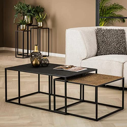 RINGO-Living Sofa Couchtisch Industrial Style Malio 2er Set Beistelltische Metall, eckiger Couch Tisch Schwarz-& Bronze-Matt, moderner Metall Couchtisch Eckig Wohnzimmertisch Set, Satztisch 2er Set