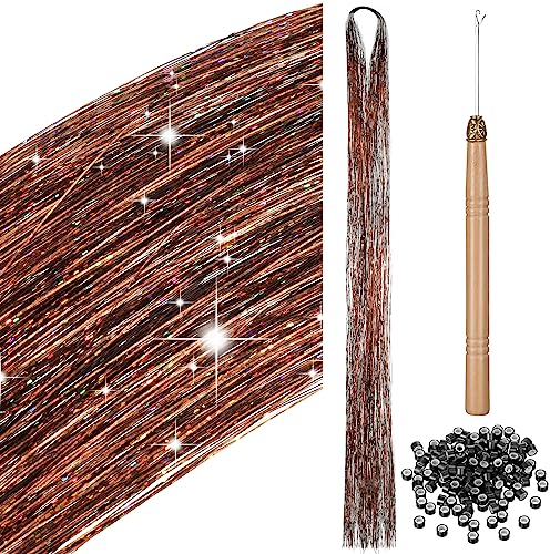 200 Haar Lametta mit Werkzeug Lametta Haarverlängerung Glitzer Haarteil zum Flechten Haarsträhne Kit für Frauen Mädchen Kinder Cosplay Party Zubehör (Kaffee)
