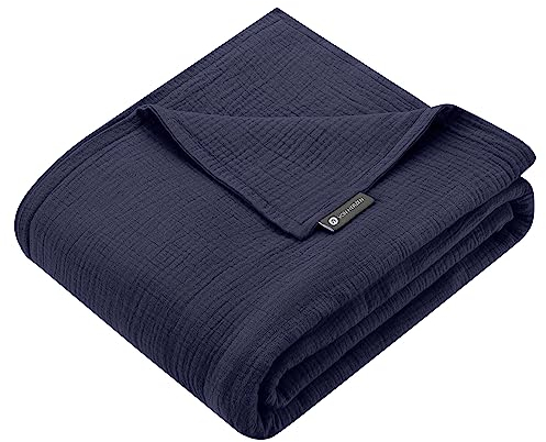 von Herzen Musselin Sommerdecke Tagesdecke Kuscheldecke Sofadecke Plaid | 100% Baumwolle | 135x220cm | Handgenäht (Indigo)