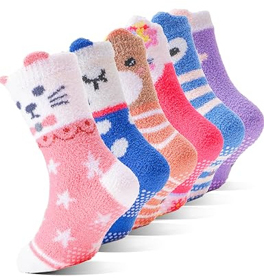 EBMORE Girls Kids Toddler Fluffy Socks with Grips Non Slip Slipper Crew Cabin Cosy Cute Warm Winter Socks 6 Pairs