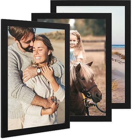 PHOTOLINI Bilderrahmen A3 Schwarz Holz MDF, 3er Set A3 Bilderrahmen 30x42 breit, Rahmen DINA3 mit Acrylglas, Picture Frame 42 x 30 zum Aufhängen, Frame DIN A 3 42x30 mit Zubehör für Deine Wandideen