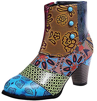BIISDOST Botines Retro Para Mujer Con Tacón, Estilo Étnico, Tobillo Alto, Tacón Cuadrado y Grueso, Vaquero, Invierno, Multicolor
