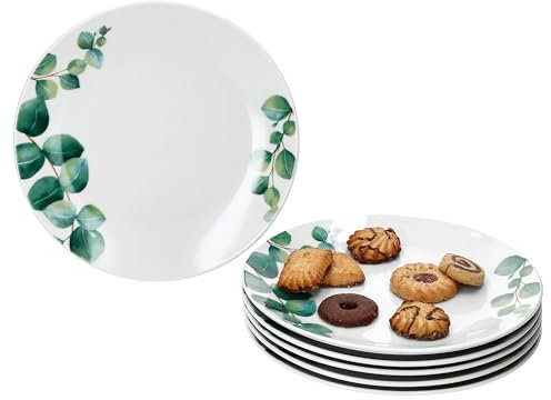 MamboCat Lot de 6 assiettes à gâteau en eucalyptus I Ø 20,5 cm I Assiettes à dessert en porcelaine blanche pour 6 personnes avec décor de plantes vertes I Petites assiettes pour le petit-déjeuner, le