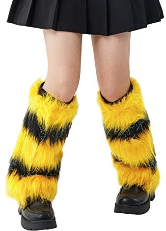 LSFYSZD Womens Faux Fur Fuzzy Leg Warmers Warm Fuzzy Rainbow Boot Sleeves Christmas Boot Covers Cuff Fluffy Rave Music (A Yellow Black, One Size)