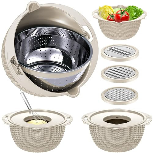 Balavina Lot de 4 passoires rotatives avec bol – Passoires rotatives pour cuisine, passoires et passoires, passoire à pâtes, passoire à riz, nettoyeur de fruits, lavage de légumes, gadgets de cuisine