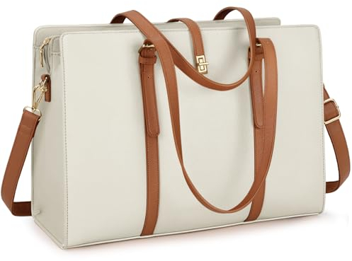 IGOLUMON Handtasche Damen Shopper Damen Groß Schwarz Wasserdicht Laptop Tasche Damen 15.6 Zoll PU Leder Arbeitstasche Umhängetasche für Business Arbeit Büro Beige und Braun
