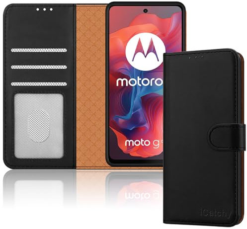 iCatchy Case for Motorola Moto E14 / G04 / G24 Leather Wallet Book Flip Stand View Magnetic Protect RFID Blocking Shockproof Cover compatible with Motorola G04 / E14 Phone (Black)