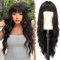 FESHFEN Lange Braun Perücke mit Pony für Frauen Natürliche Synthetik Dunkel Braun Gewellt Lockig Wellig Haare Hitzebeständig Damen Perücken für Tägliche Party Cosplay Karneval, 65 CM