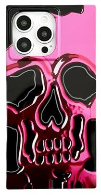 Reezaddin Square Skull Print Cool Phone Case for iPhone 13 Pro (6.1 in),Funny Unique Skeleton Gothic Halloween Design Glossy Sleek One Piece Slim Lover Gift Cover(iPhone 13 Pro 6.1,Pink)