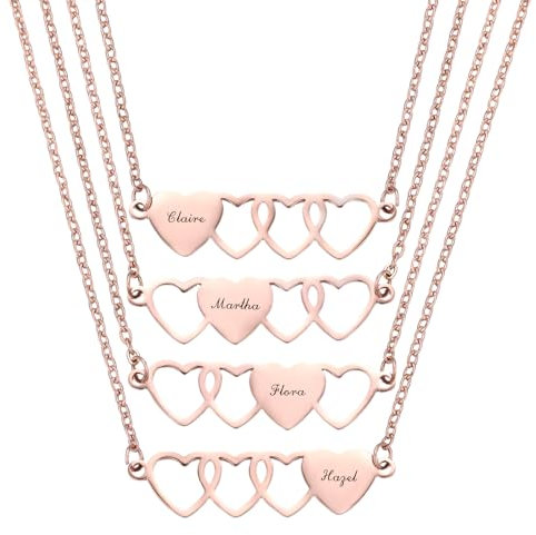 INBLUE Personalized Heart Matching Necklace Custom Name 2/3/4 Pieces Set of Stainless Steel Heart-Shaped Necklace for BFF Sisters Friendship Jewelry Gift for Women - Rose Gold & 4 Pcs