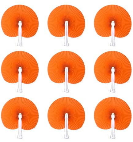 Bestage 12 Packs Decorative Paper Folding Hand Fans Handheld,Orange Round Foldable Wedding Fans Chinese and Japanese Fans Bulk for Bridal Guest Church Party Favors Dancing Birthday DIY