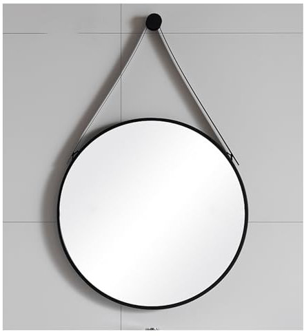 Lsoiup Runder Wandspiegel mit Lederriemen, hängender dekorativer Spiegel, Kosmetikspiegel, Spiegel mit Metallrahmen für Badezimmer, Schlafzimmer, Flur und Wohnzimmer, Durchmesser 50 cm