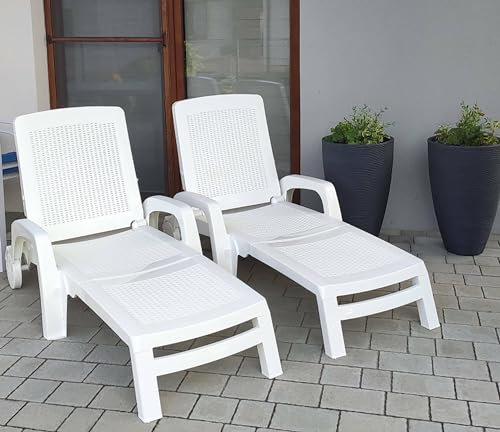 Dmora - Sonnenliege Saturno, Verstellbarer Gartenliegestuhl mit Armlehnen, Outdoor-Liege, 100% Made in Italy, 190x46h70 cm, Weiß