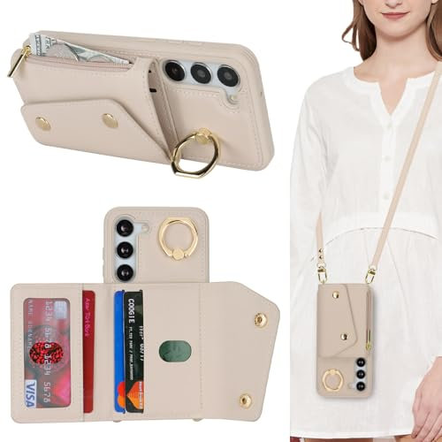 Lipvina Hülle für Samsung Galaxy S23 mit Band, Kartenhalter, Reißverschluss, Ring Ständer - Handyhülle Case für Frauen - Weiß