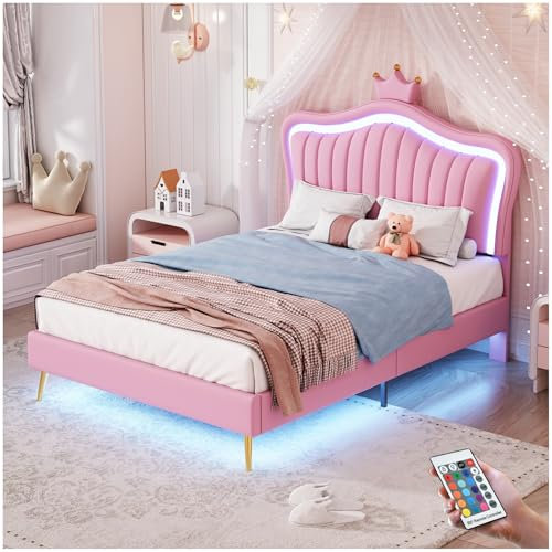 Racxily Kinderbett mit LED-Lichtern, Prinzessinnenbett,Baby Bett 90 x 200 cm, Kronenleiste, französisches Bett mit Lattenrost und Rückenlehne, PU, Rosa