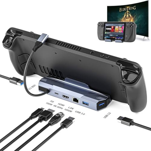 Steam Deck Dock,6- in- 1 Dock Hub,Supports 4K@60Hz Resolution,with 100W PD, 1000Mbps Ethernet,3x USB 3.0,Type-C PD,Compatible with Steam Deck/Rog ally/Other type-C port Device