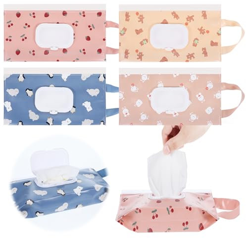 YUXIANLB 4 Teiliger Baby Feuchttuchspender Tragbarer Nachfüllbarer Feuchttuchhalter Baby Feuchttuchbehälter Wiederverwendbarer Beutel für Feuchttücher Reise Feuchttuchspender Outdoor Ausflüge