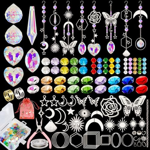 600pcs+ DIY Suncatcher Making Kits Crystal Sun Catcher Hanging Decor Arts and Crafts Supplies Set with Crystals Beads, Pendants, Charms, Hooks, Chains for Indoor Outdoor Home Wedding Garden Decor