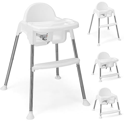 GOPLUS 4-in-1 Kinderhochstuhl, höhenverstellbarer Baby-Hochstuhl mit abnehmbarem 2-Positionen-Doppeltablett & 3-Punkt-Sicherheitsgurt & Fußstütze, Esstischstuhl für Kinder 6-36 Monaten (Weiß)