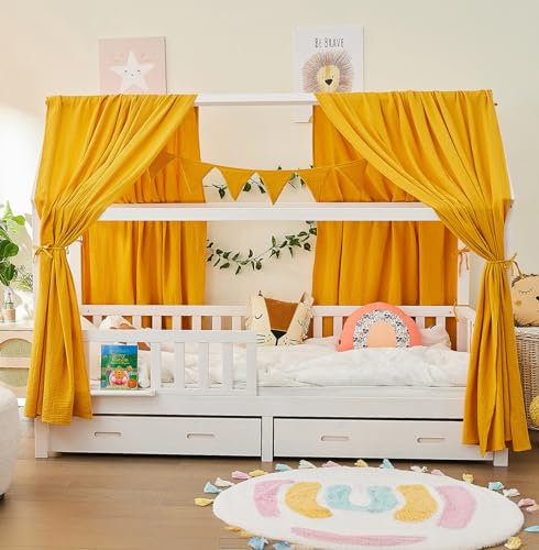 ALAVYA HOME Hausbett KOMPLETT Set I Kinderbett 80x160 cm mit Schubladen inkl. Deko und Matratze mit Rausfallschutz und Lattenrostt (Senfgelb - mit Matratze+Schubladen+Musselin DEKO, 80 x 160 cm)