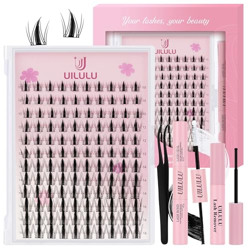 Uilulu Lash Clusters Kit 10-16mm Natural D Curl False Eyelashes, DIY Extension With Bond & Seal, Glue Remover, Tweezers (U07)