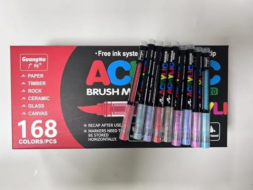 Gunsamg 168 Colors Acrylic Paint Marker Set – Water-Based Paint Pens with Flexible 1-5mm Brush Tip for Rock, Ceramic, Glass, Stone, Metal, Fabric Painting