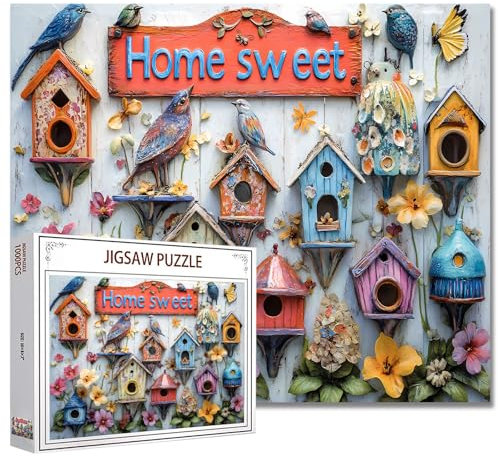 Schöne Vogelhäuser Display Jigsaw Puzzle 1000 Stück Puzzles für Erwachsene Garten Vogel Sweet Home Zeichen Jigsaw Puzzles für anspruchsvolle Familie Aktivität Spiele Verschiedene DIY Puzzle Liebhaber