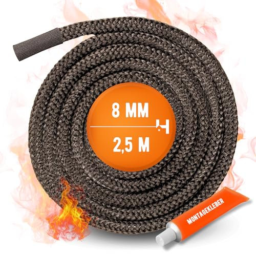 Ofendichtschnur | 2,5 m Länge | Ø 8 mm | Dichtung für Kamin-, Ofen- & Heizkesseltüren | Set inkl. Hochtemperaturkleber & Verbindungsmanschette | Schornstein-Abdichtung Reparaturset