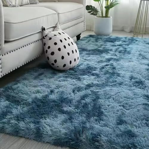 AIMECO Hochflor Teppich Wohnzimmer Carpet 120X180cm Anti-Rutsch Extra Große Teppiche Schlafzimmer flauschig Teppiche Matte Teppichen Mädchen Schlafzimmer und Kinderzimmer.Tie-dye Dunkelblau