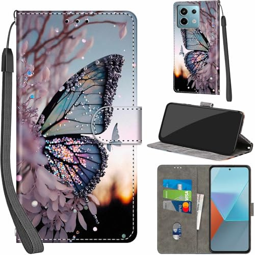 Cover per Xiaomi Redmi Note 13 Pro 5G PU Pelle Custodia Flip Farfalla | Custodia in pelle PU, Chiusura magnetica, Supporto regolabile, Scomparti schede, Protezione totale per Redmi Note 13 Pro