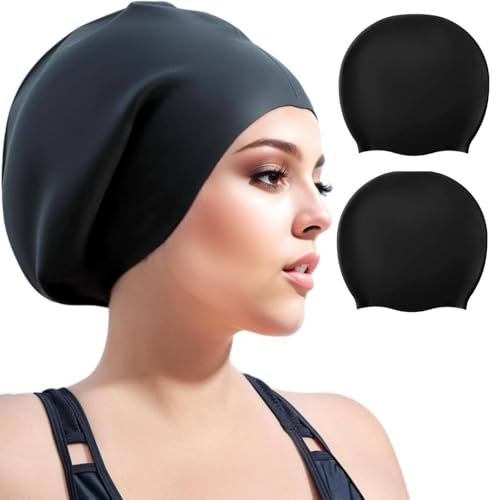 OMBRISA Cuffia Piscina Capelli Lunghi 2 Pezzi, Extra Large Silicone Cuffia Piscina Adulti, Cuffia Nuoto Adatta a Uomini e Donne – Facile da Indossare/Togliere (Nero+Nero)