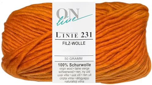 50 Gramm ONline Linie 231 Filzwolle Uni aus 100% Schurwolle (0044 Orange)