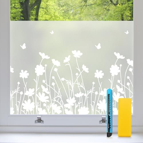 Zindoo Fensterfolie Blickdicht Blumenmuster Sichtschutzfolie Fenster Statische ohne Klebstoff Milchglasfolie Anti-UV Geeignet für Badezimmer, Büro Wohnzimmer, Umkleide 90 x 200 cm