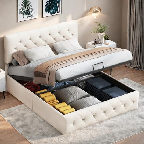 Hydraulisch Stauraumbett 160x200, Polsterbett Doppelbett mit Lattenrost und Bettkasten, Verstellbares Kopfteil, Funktionsbett Rückenlehne Bettgestell, Beige, Samtstoff, Ohne Matratze