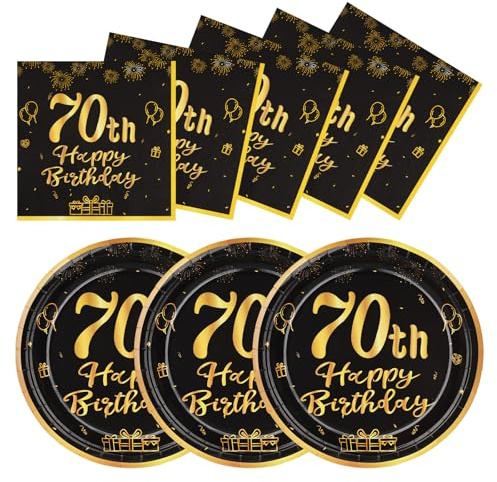 LAWALEISHE 70th Happy Birthday Paper Plates and Napkins, Black Gold 9 Disposable Strong Plates for Parties, 48pcs Party Tableware Set 24 Guests, Birthday Supplies for Table Decorations