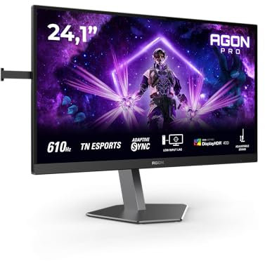 AOC Moniteur de Jeu AG246FK6 24 Pouces FHD, 610 Hz, TN Esports, 0,5 ms GtG, Adaptive Sync, HDR400, Hauteur Ajustable, G-Sync Comp. (1920 x 1080, 2 Ports HDMI 2.1, DP 1 Port USB 1.4) Noir/Gris