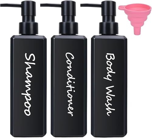 500ml Shampoo and Conditioner Dispenser, 17 Fl oz Square Shampoo Dispenser | Plastic Shower Gel Dispenser Bathroom Black Soap Dispenser, Body Wash Refillable Shampoo Bottles with Pump & Funnel