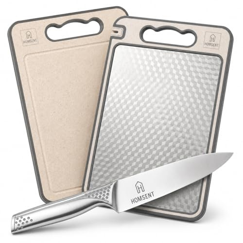 HOMSENT Cuchillo Chef + Tabla Cortar Doble Cara con Afilador Integrado | Recetario IA gratis incluido vía QR. Acero inoxidable 304. Base antideslizante. Ideal para regalo de cocina