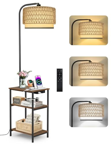 OUTONLIFE Stehlampe Wohnzimmer mit Tisch & Rattan-Schirm, Dimmbar LED Standleuchte mit Fernbedienung, 3 Farbtemperaturen, Nachttisch mit Ladefunktion und Ablage, Beistelltisch für Schlafzimmer Büro