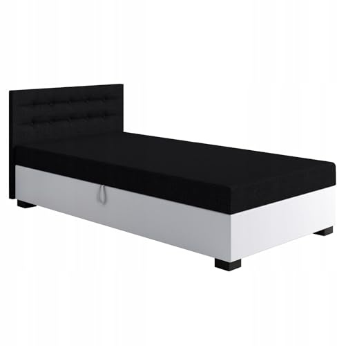 TAPCZANY24 - Boxspringbett Olaf 90x200 cm mit Schaumstoff Matratze | Bett mit Matratze, Polsterbett mit Bettkasten, Gepolstertes Einzel Bett, Schlafsofa - Schwarz mit Weiß